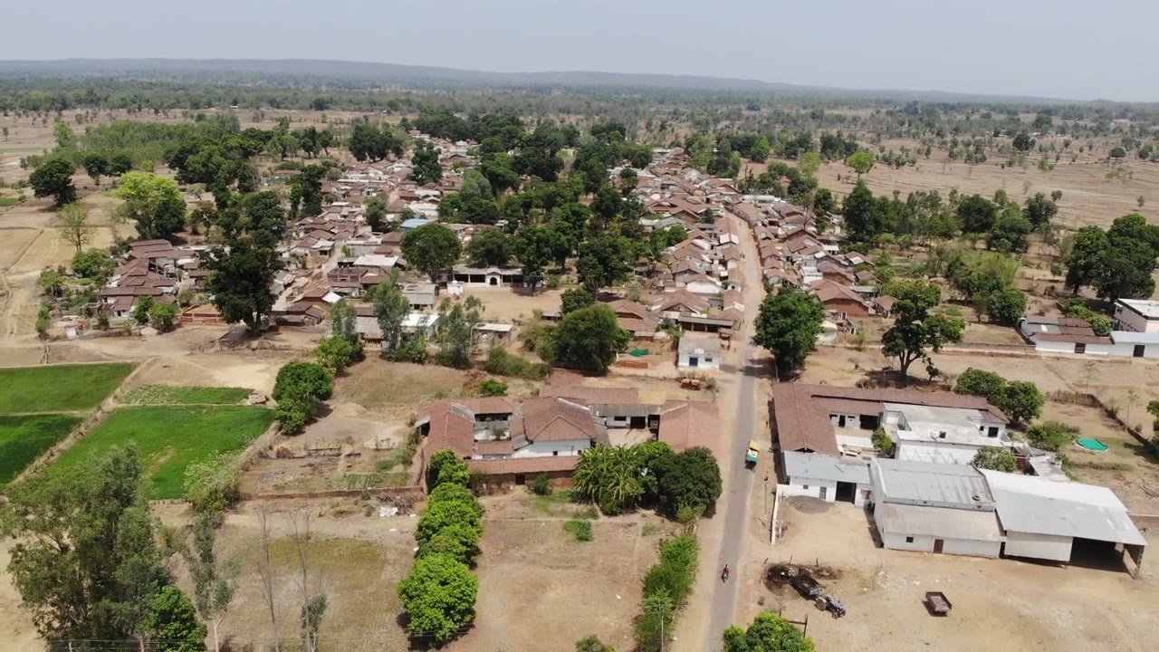 Aerial view of village fields and rooftops